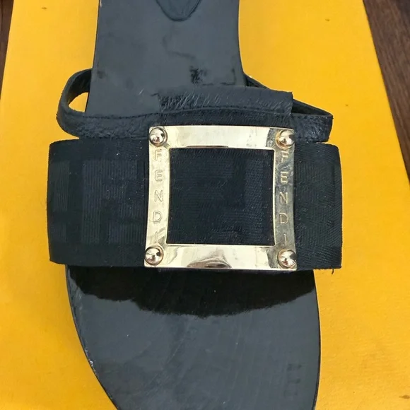 FENDI Authentic Black Wooden Slide Sandals w/ Logo Canvas & Gold Buckle, size 37 - Picture 6 of 9